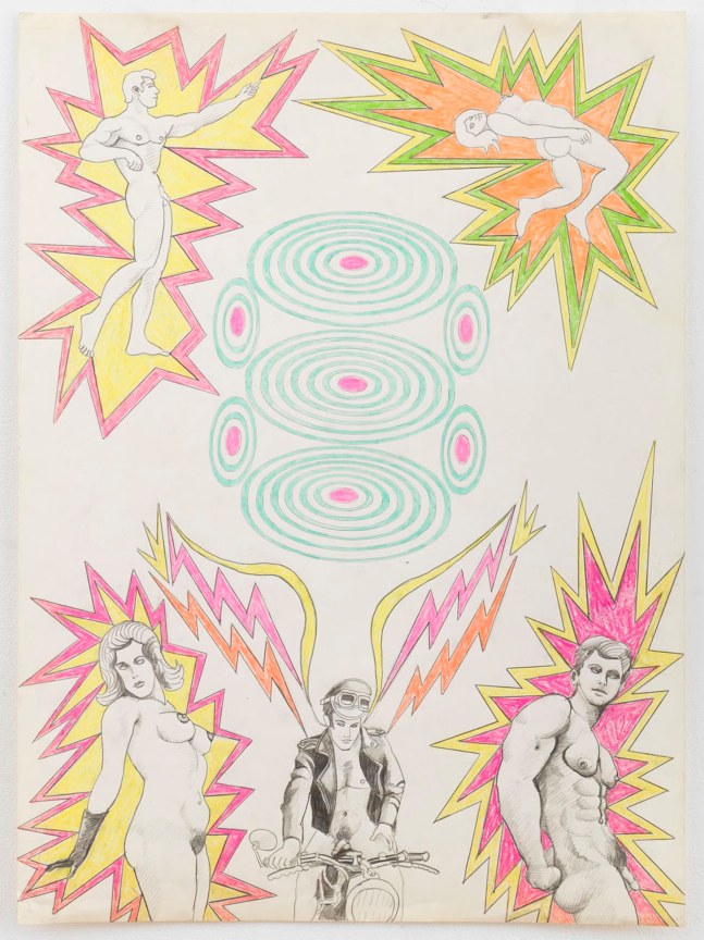 radiating ovals surrounded by nude figures within sound effect bubbles