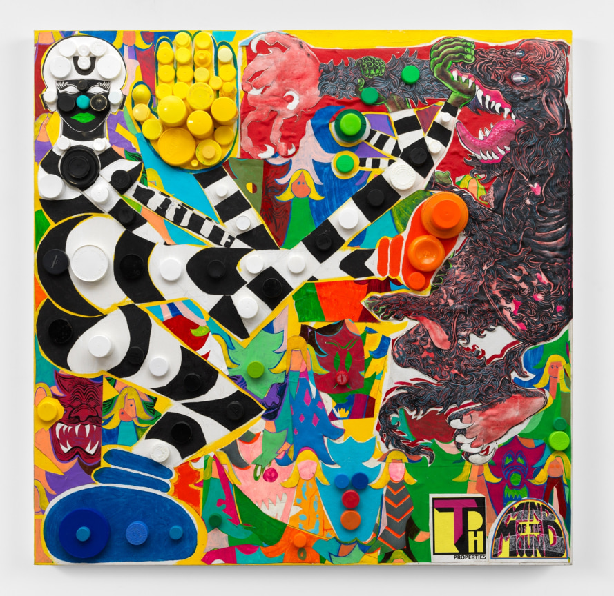 Acrylic and mixed media on canvas featuring cartoon combat