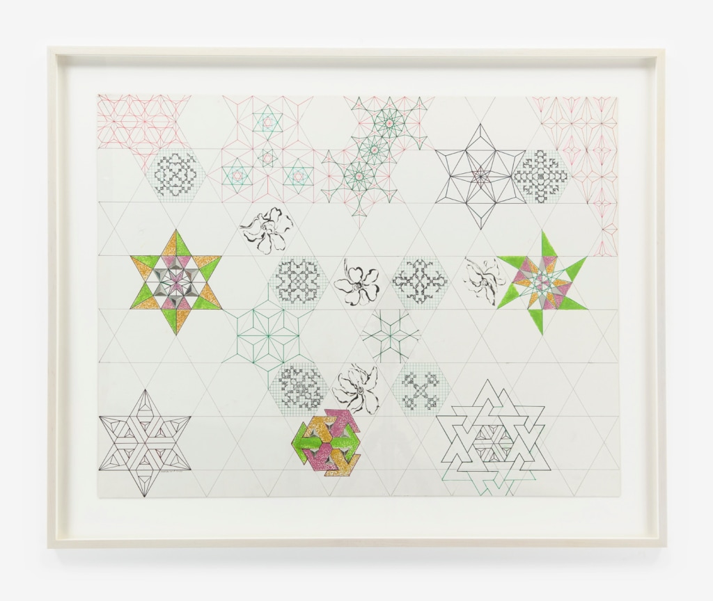 Geometric, gridded drawing on paper by Monir Shahroudy Farmanfarmaian.