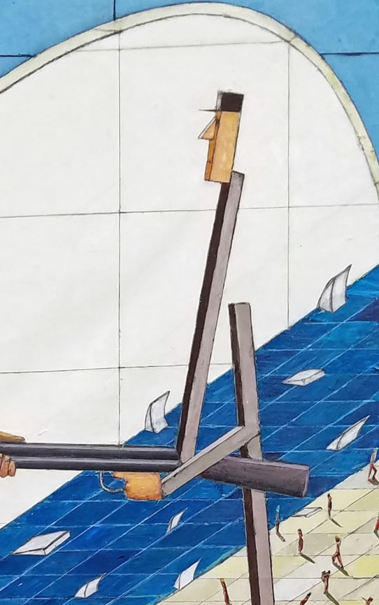 a geometric man holding a gun