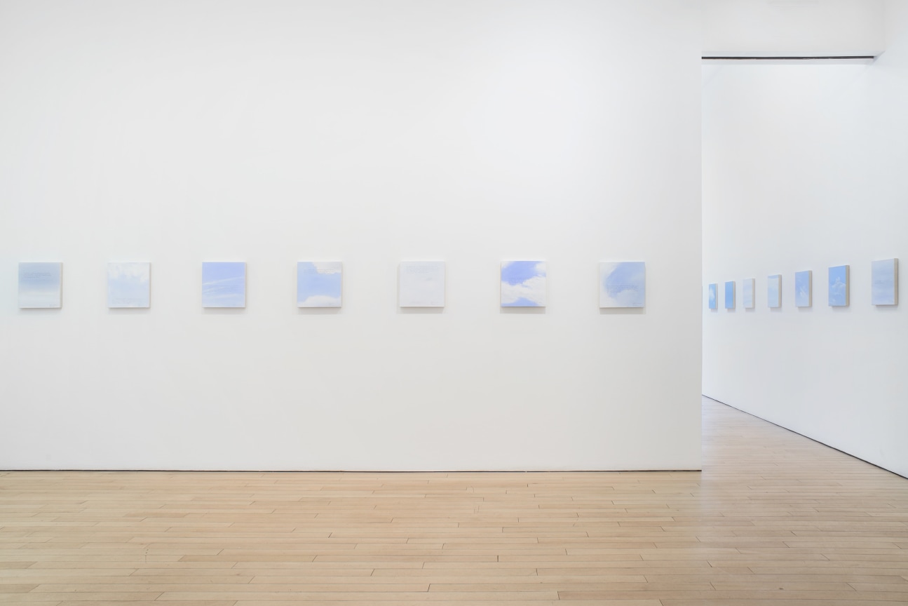 installation view of several square canvases in a row