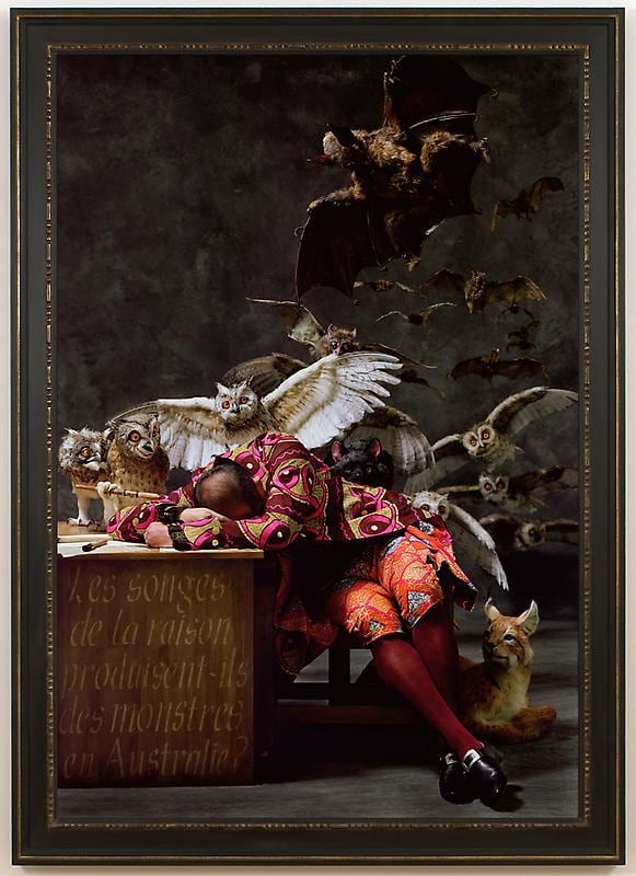 white man asleep on his desk with several animals behind him