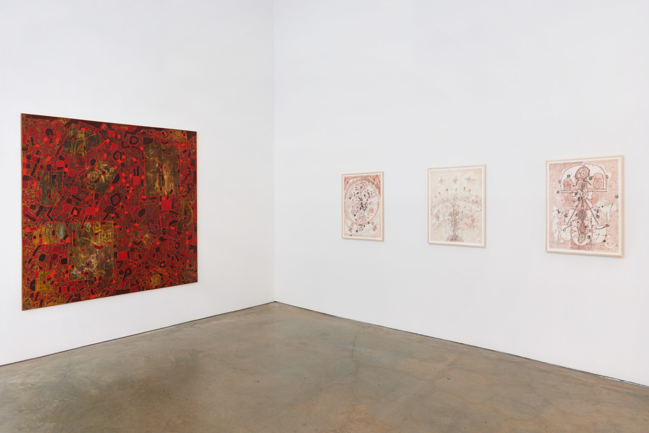 installation view of four artworks
