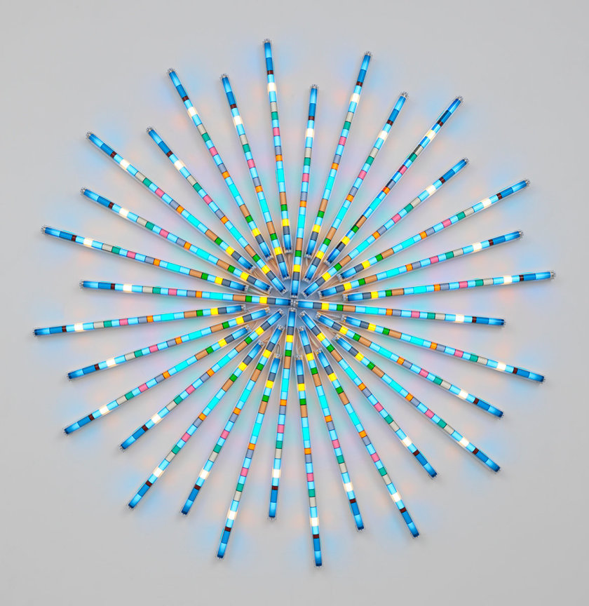 Sculpture made from fluorescent fixtures and filters