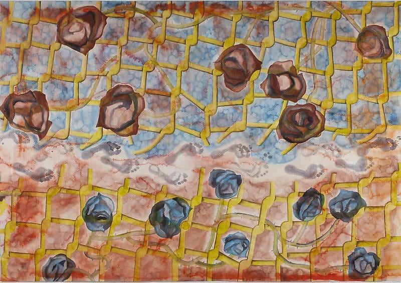 yellow chain-link pattern split in half with a trail of footprints