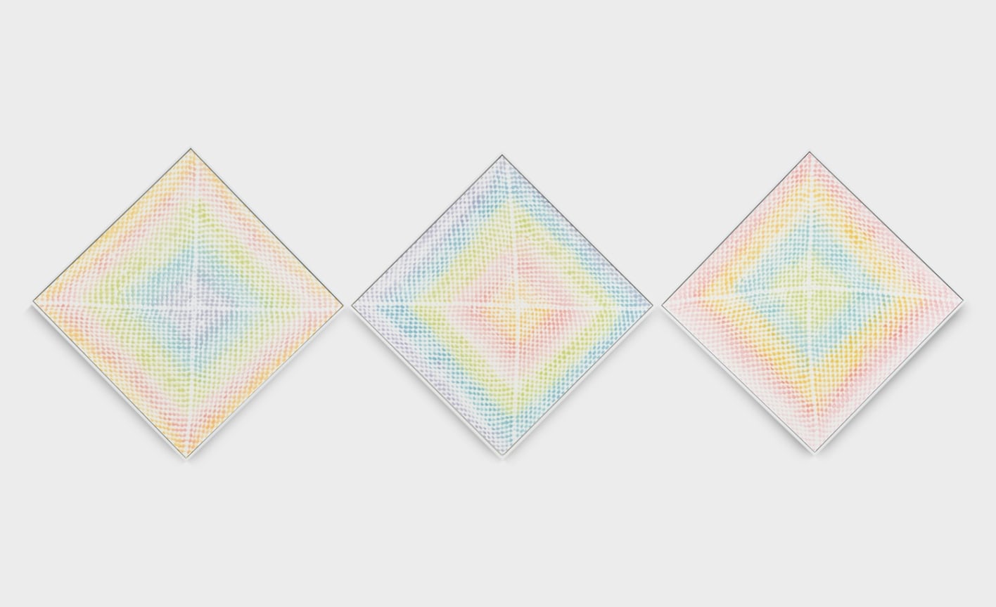 Image of an untitled 2023 artwork by Michelle Grabner consisting of three diamond-shaped canvases with Acrylic sizing, flock, and gesso