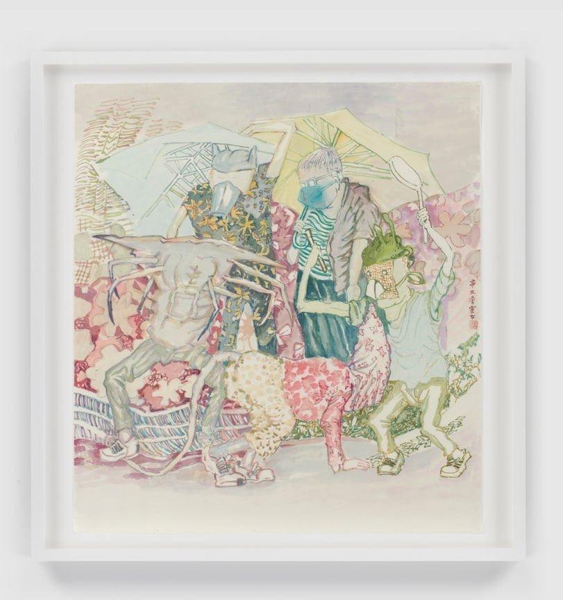 Three men wearing masks and two half-men, half-beasts in a conflict