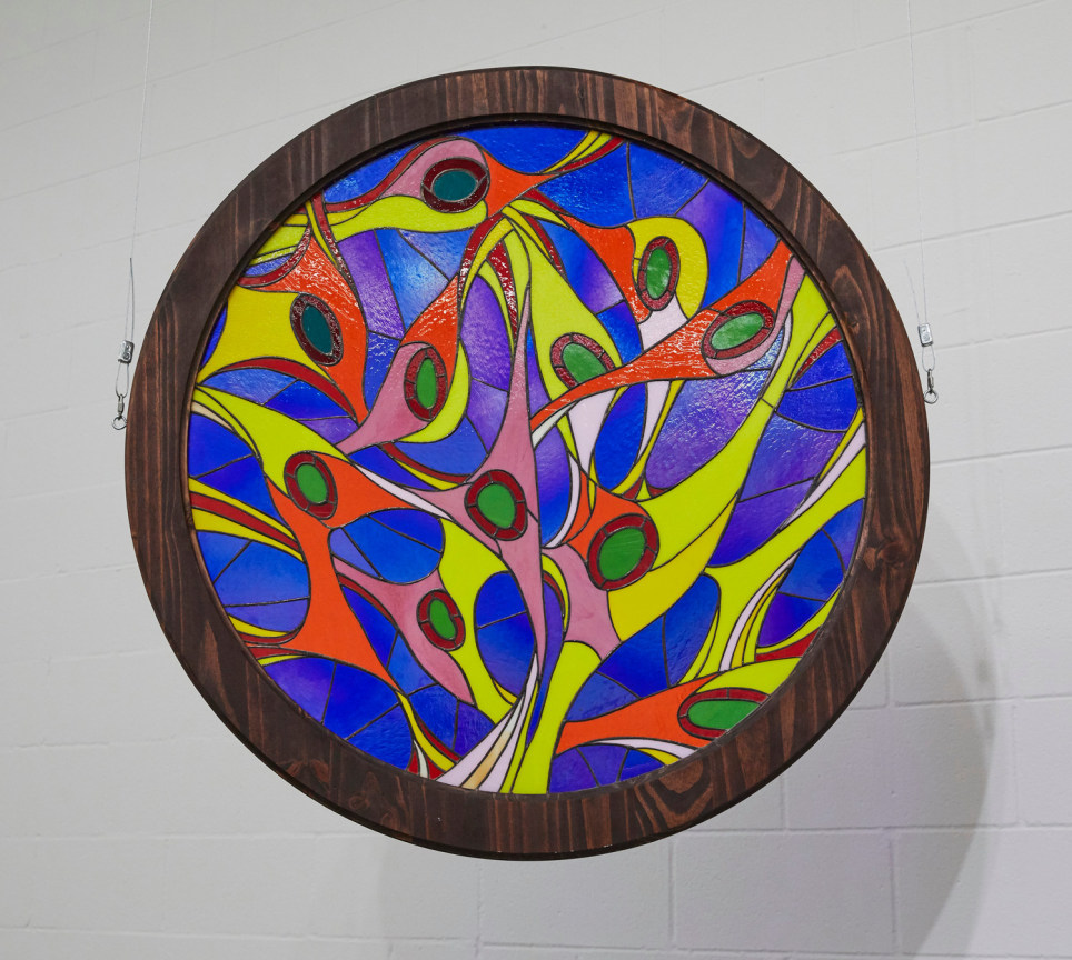 Image of detail of Christopher Myers's Fourth Class Relic: A Chapel for Henrietta Lacks, 2018 (purple circle)