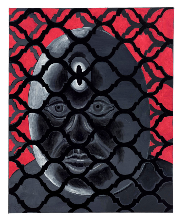 , TRENTON DOYLE HANCOCK, The Grey Remains of a Friendship Scarred,&nbsp;2016, acrylic and mixed media on canvas, 30 x 24 x 1 1/2 in.