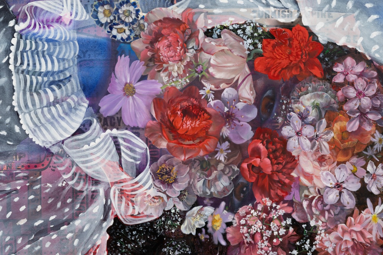 detail of abstracted painting of sheer linen and colorful flowers