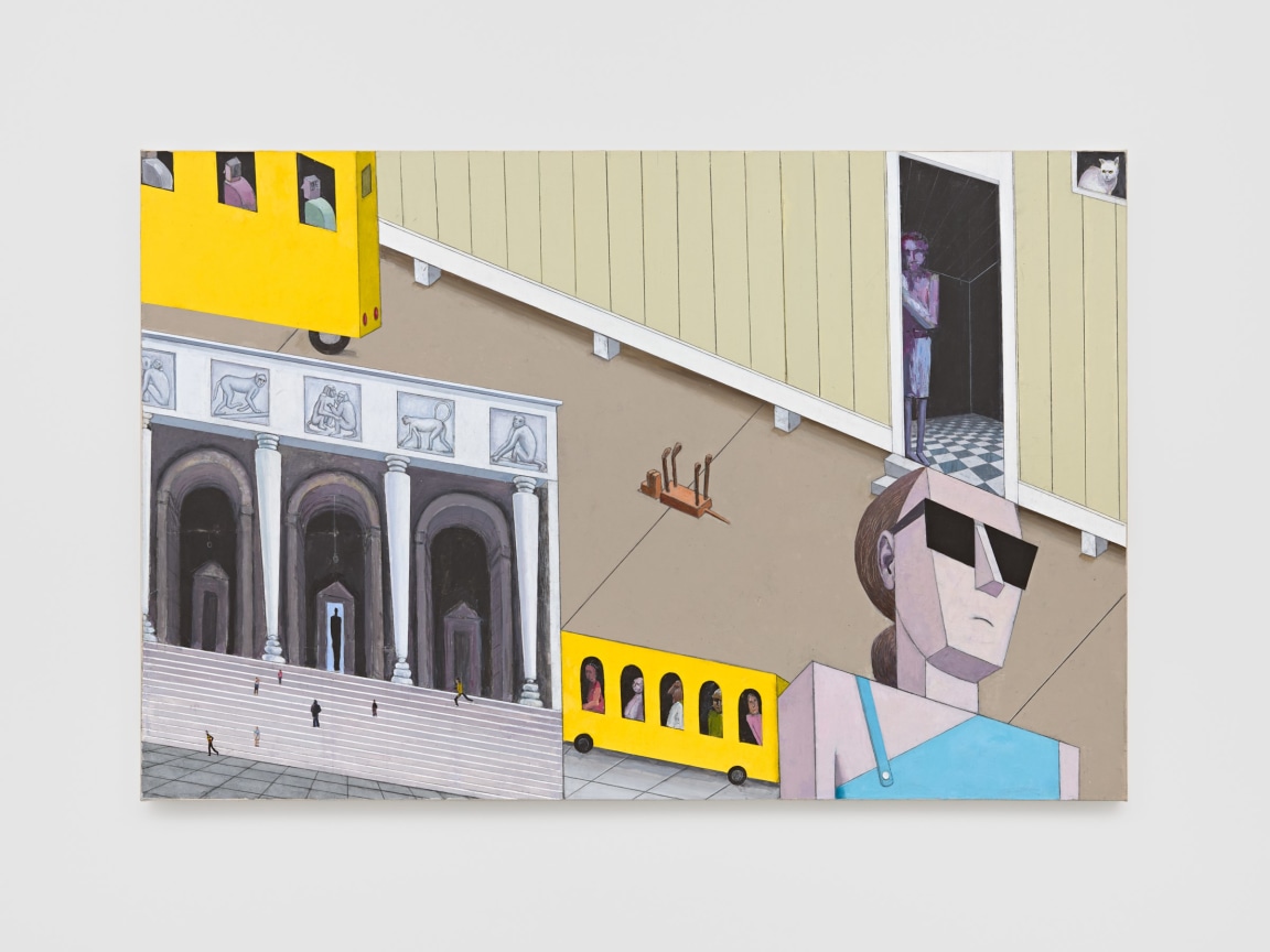 A feminine, hard-edged figure situated in building structures with conflicting perspectives