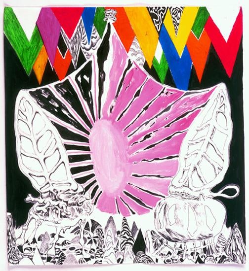 strange anthropomorphic creatures and abstract components in one artwork