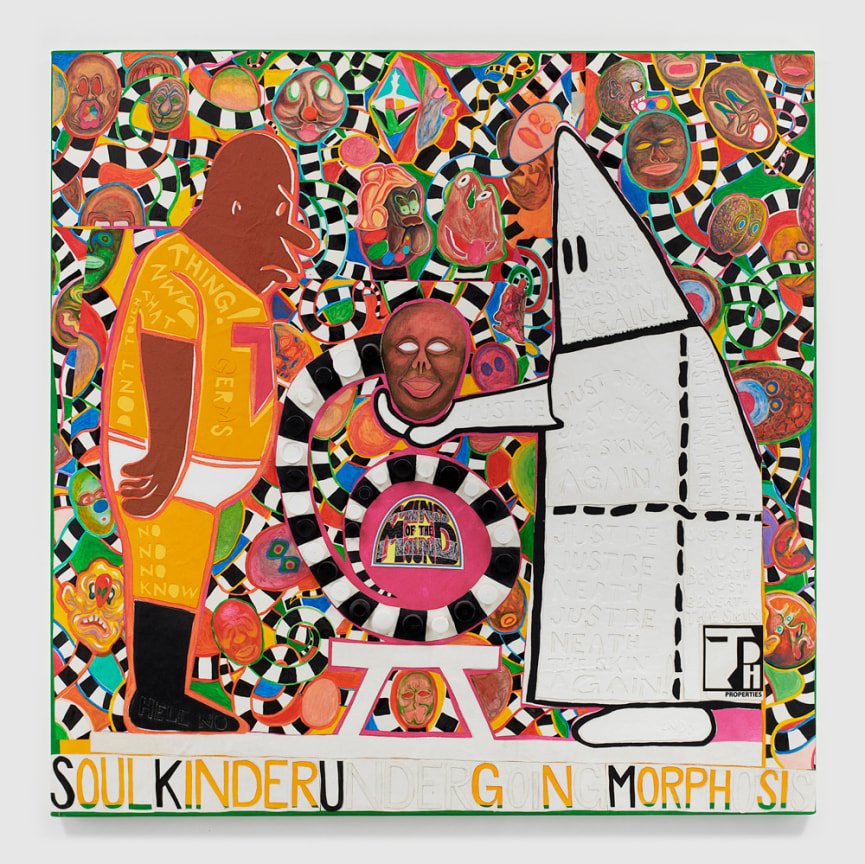 Acrylic, graphite, plastic tops, and paper collage on canvas featuring Torpedo Boy and KKK member