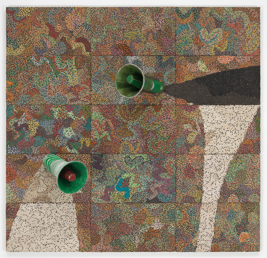 two megaphones emerging from a panel holding reclaimed electrical components forming multicolored shapes and forms