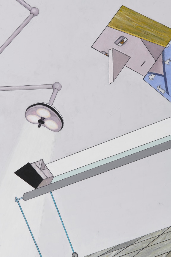 a light shining down on a geometric figure laying on a gurney