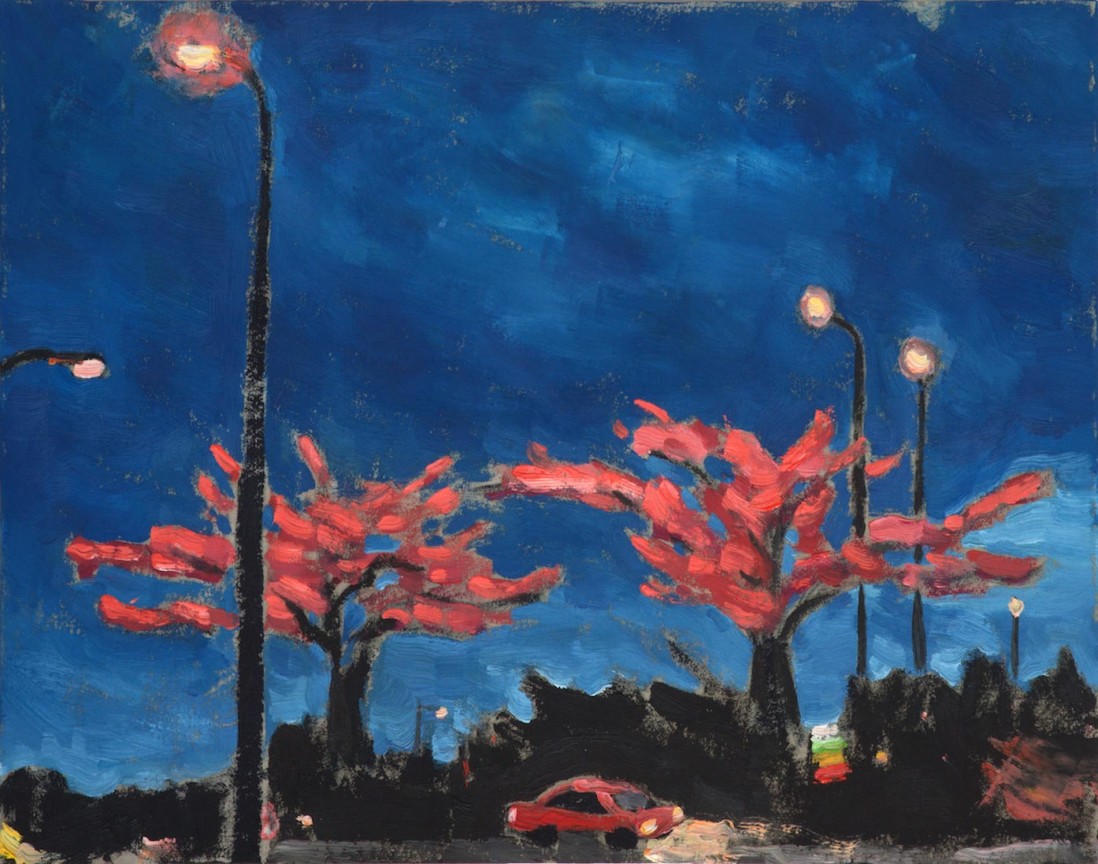 two trees with pink leaves with a darkening, cloudy sky overhead