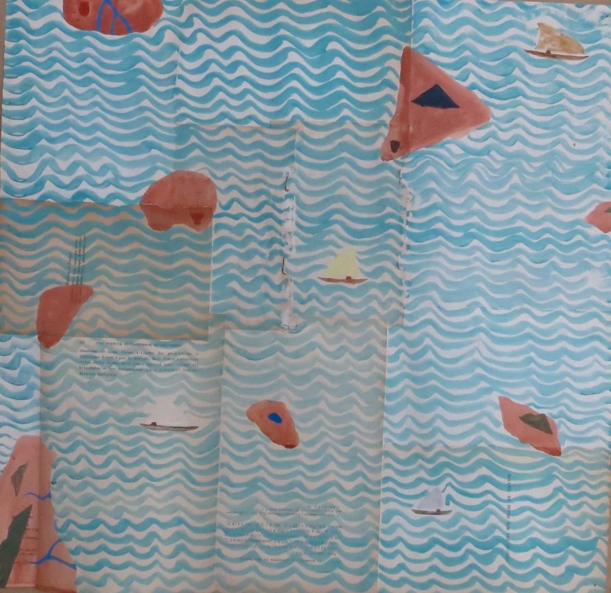 map with little red islands scattered across the sea with some ships sailing in between