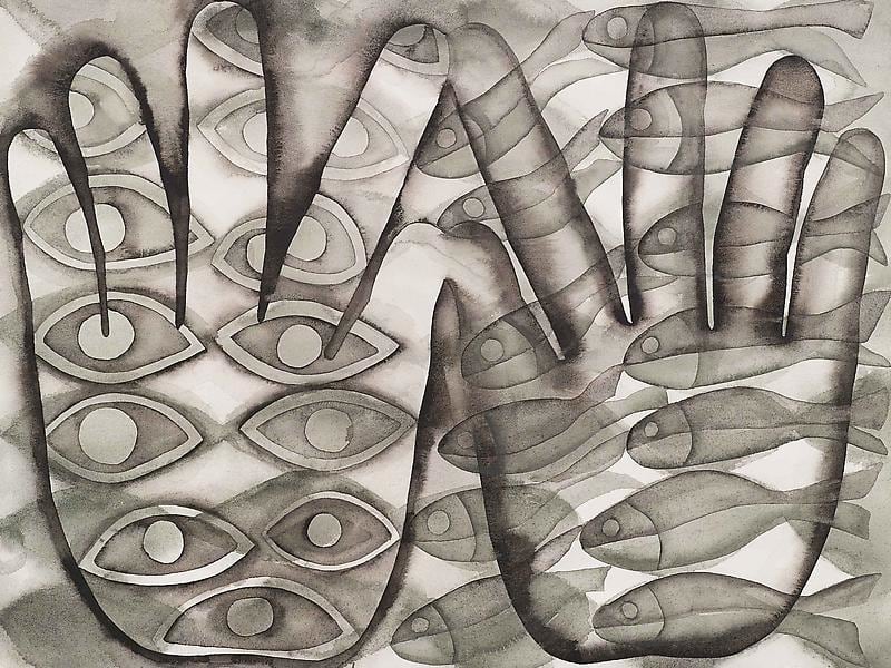 hands with eyes and fish patterns