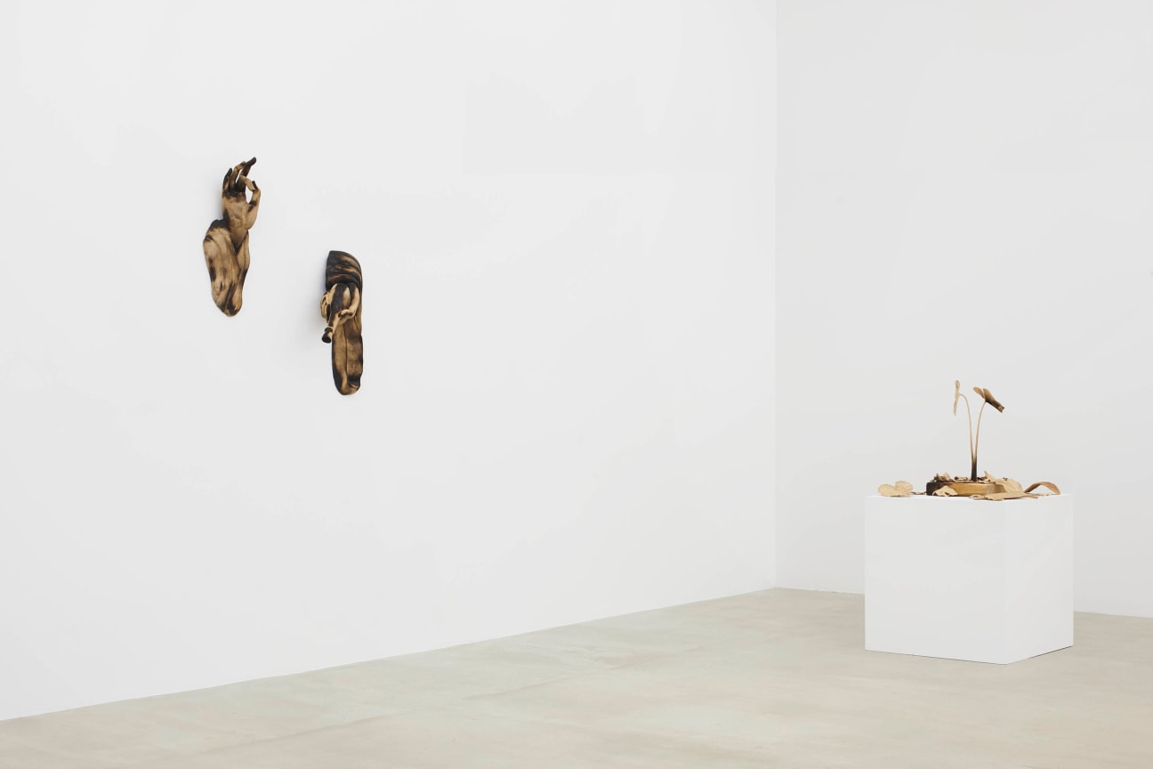 view of Tuan Andrew Nguyen's &quot;A Lotus in a Sea of Fire&quot; exhibition focusing on two wooden sculptures