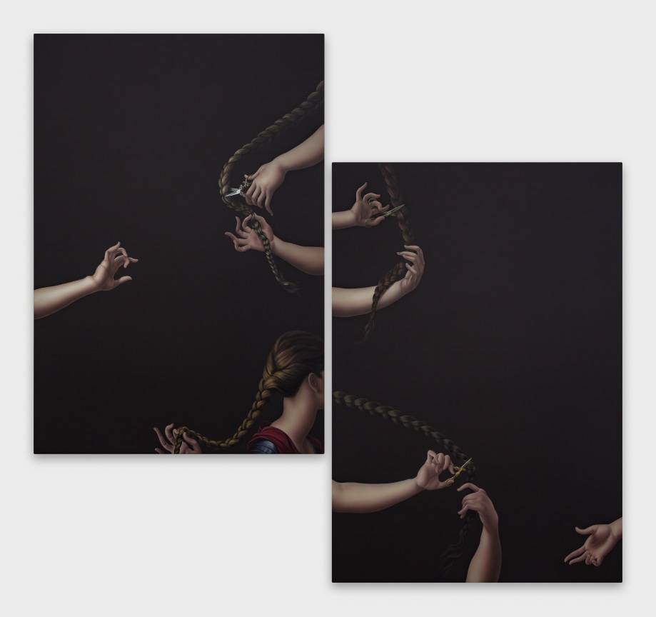 several disembodied hands cutting a long French braid off the head of a faceless figure