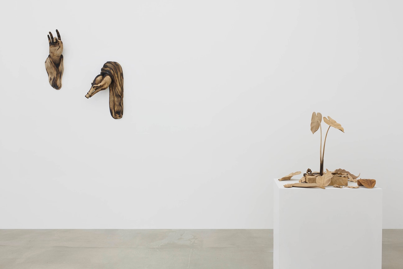 view of Tuan Andrew Nguyen's &quot;A Lotus in a Sea of Fire&quot; exhibition focusing on two wooden sculptures