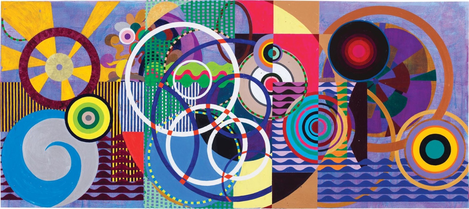 amalgamation of grids, stripes, waves, circles, flowers, and colors