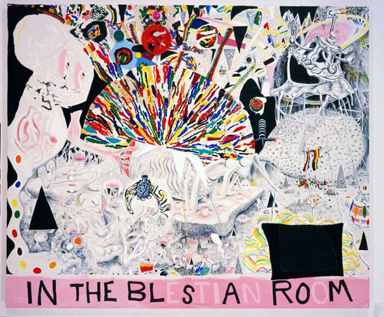 many strange anthropomorphic creatures and abstract components in one artwork