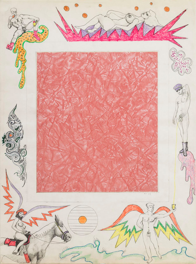 abstract coral colored drawing surrounded by nude figures