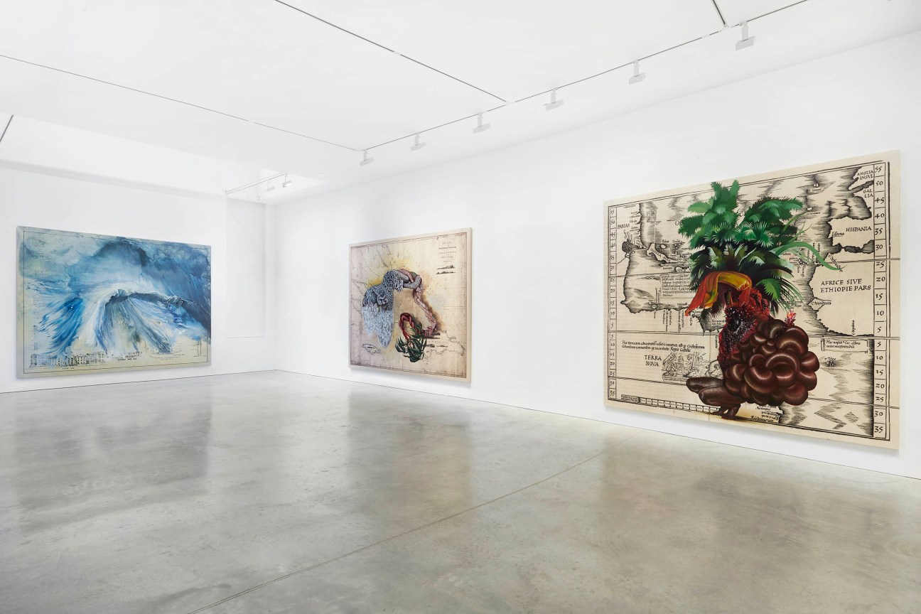 view of three large paintings