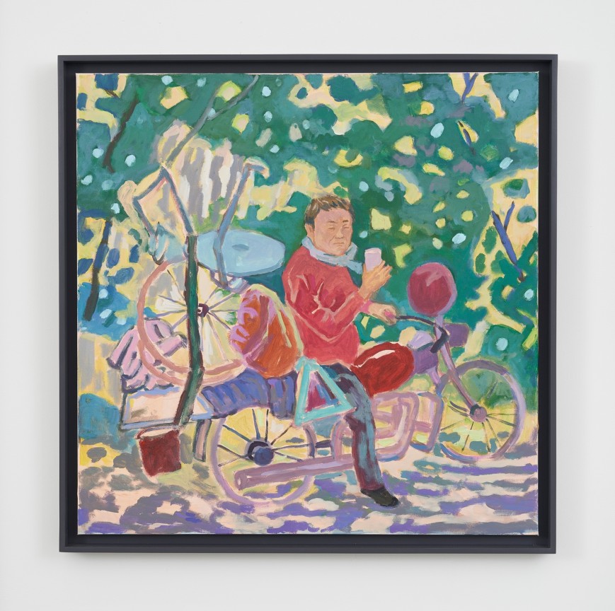 man looking at phone while seated on a bike done in acrylic on canvas