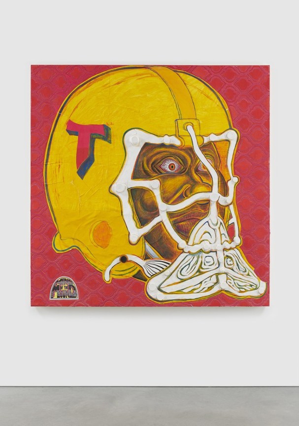 Installation View: Acrylic, graphite, plastic tops, and paper collage on canvas