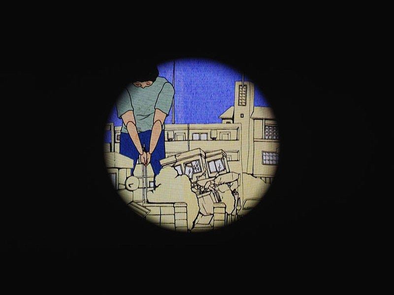 circle revealing broken buildings