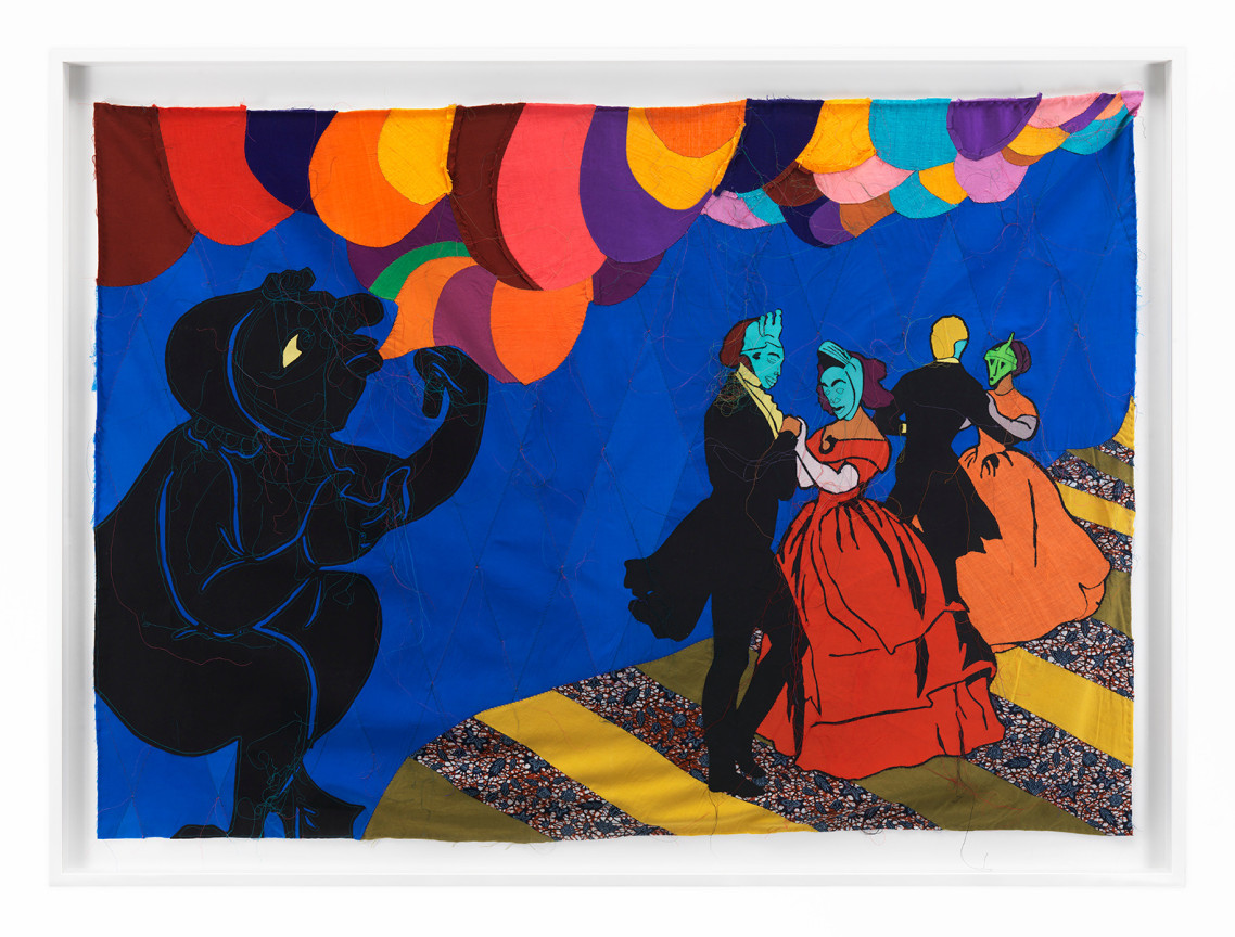 two couples wearing dresses, suits, and masks are dancing to the right; a large black figure blows colored shapes on the left