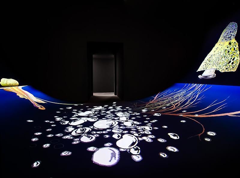 curved room with a video projection