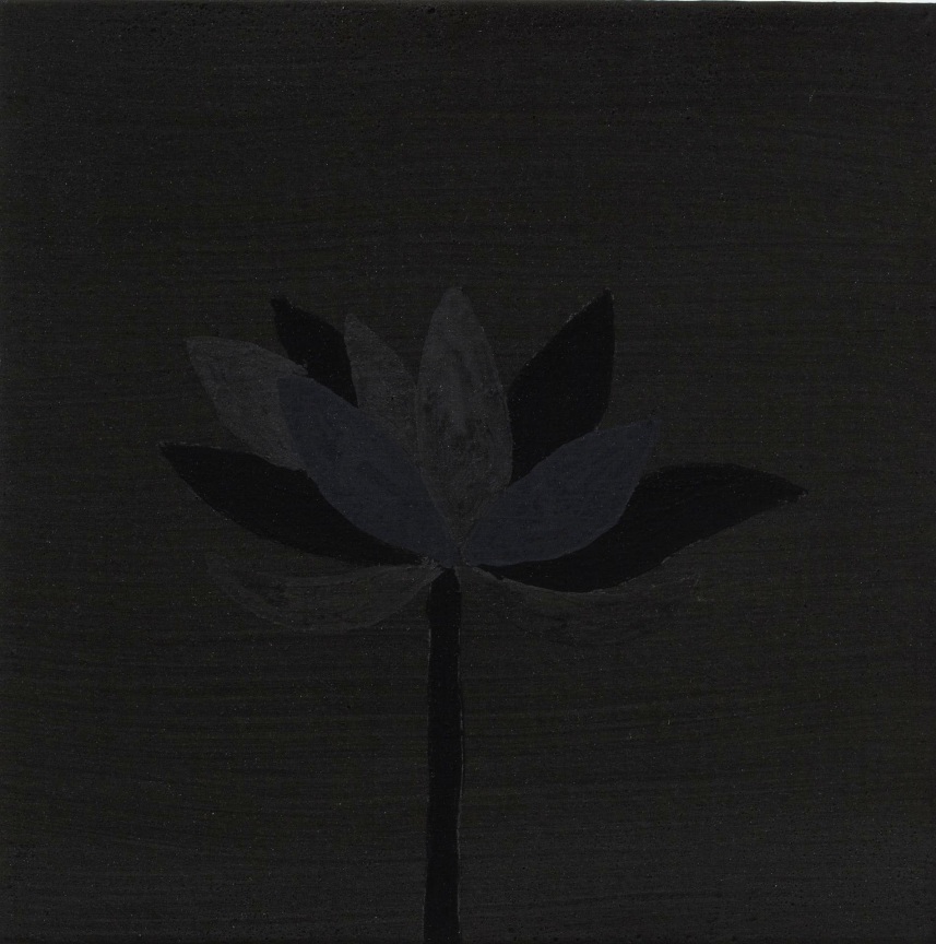 Abstract painting of a lily in dark hues blended into the dark background