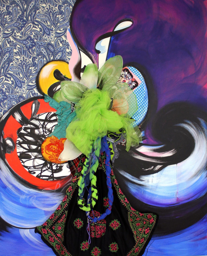 , SHINIQUE SMITH&nbsp;Shield Maiden,&nbsp;2014&nbsp;Acrylic, fabric and collage on canvas over wood panel