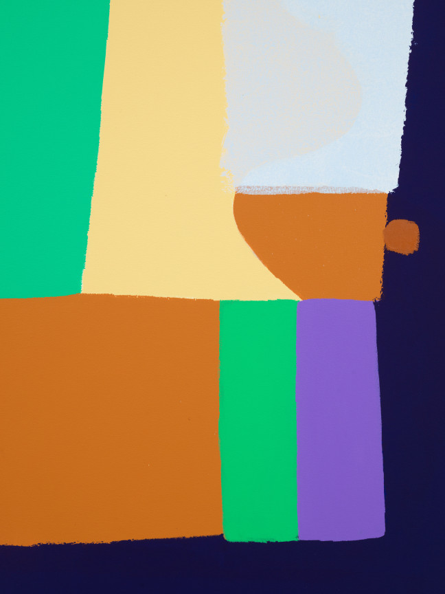 close up of Federico Herrero's &quot;Monstera&quot; focusing on smooth, painted shapesof varying colors surrounded by an uneven darkly colored border