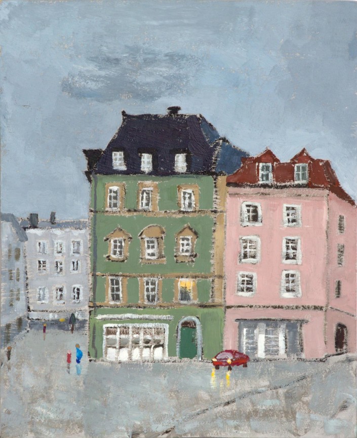 view of a green and pink building