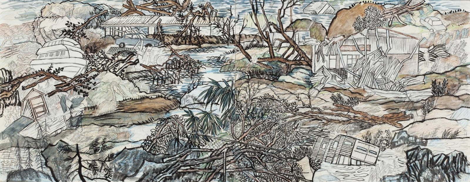 a destroyed landscape with fallen trees and buildings