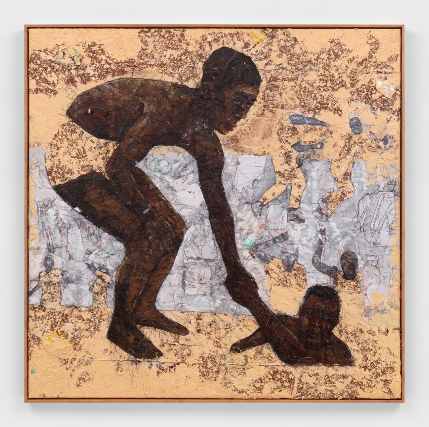 Image of a Kaloki Nyamai mixed media, acrylic, collage stitching on canvas work