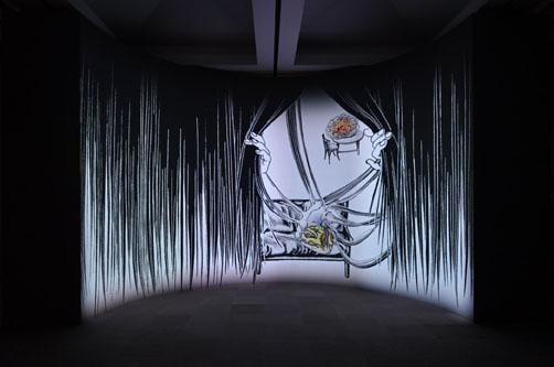 strange creature opening wispy like curtains