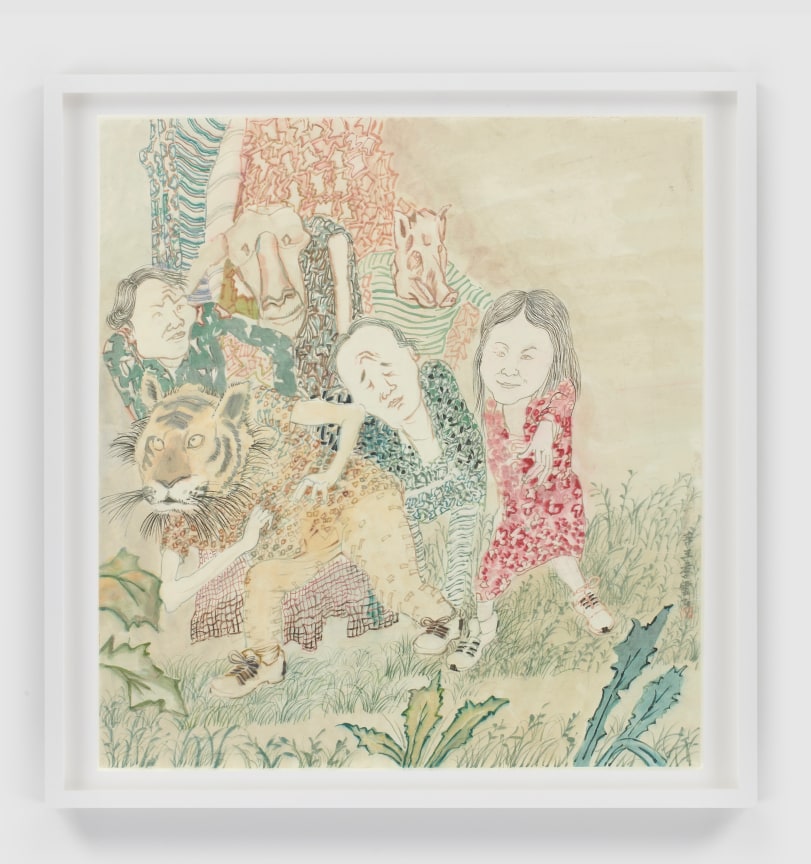 Three people with animal headwear and three people without in a natural setting