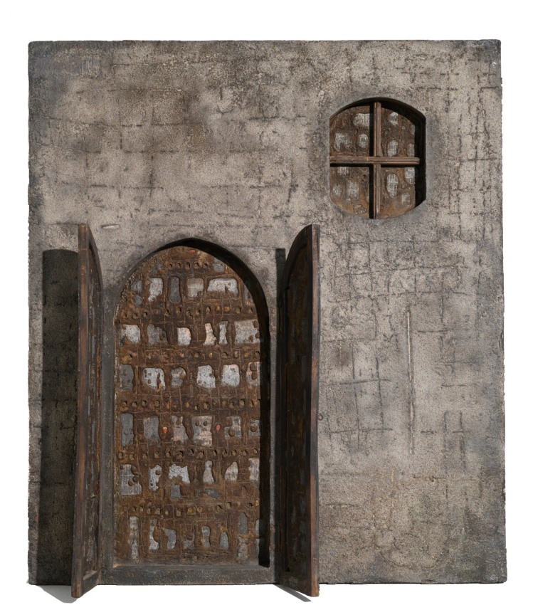 Cement, car battery cells, and mixed media on wood