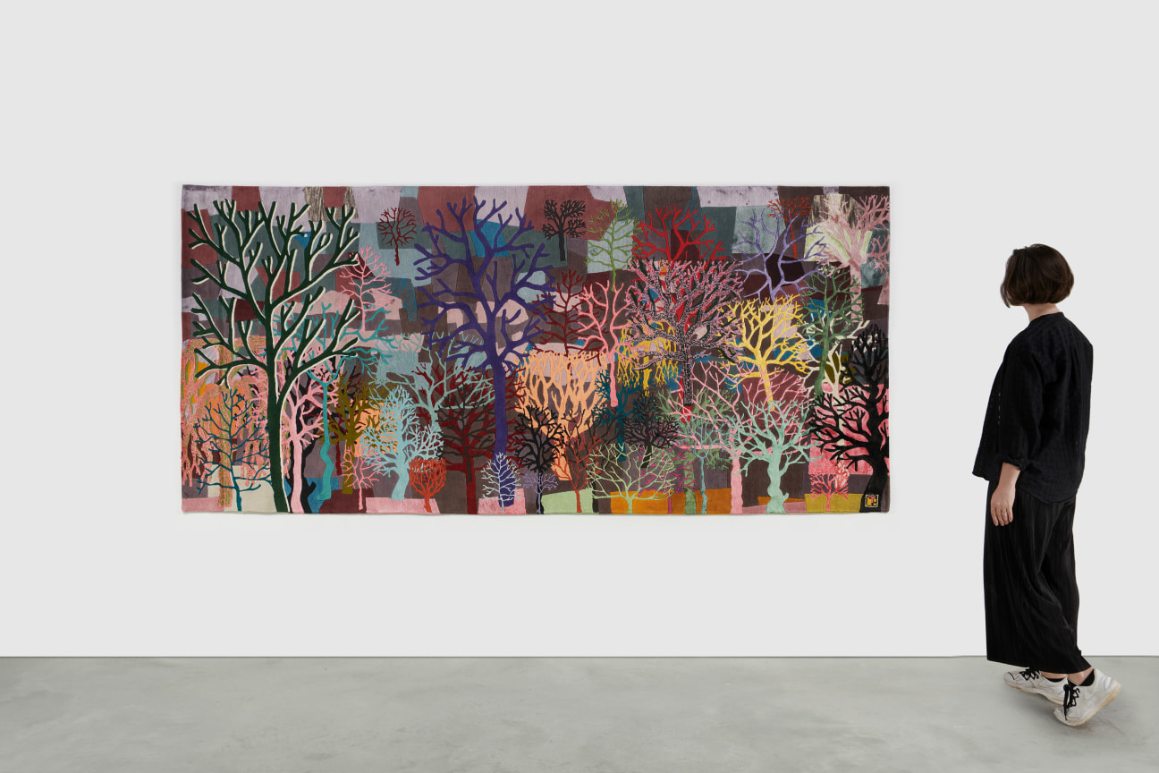 Silk and wool stitched work of trees