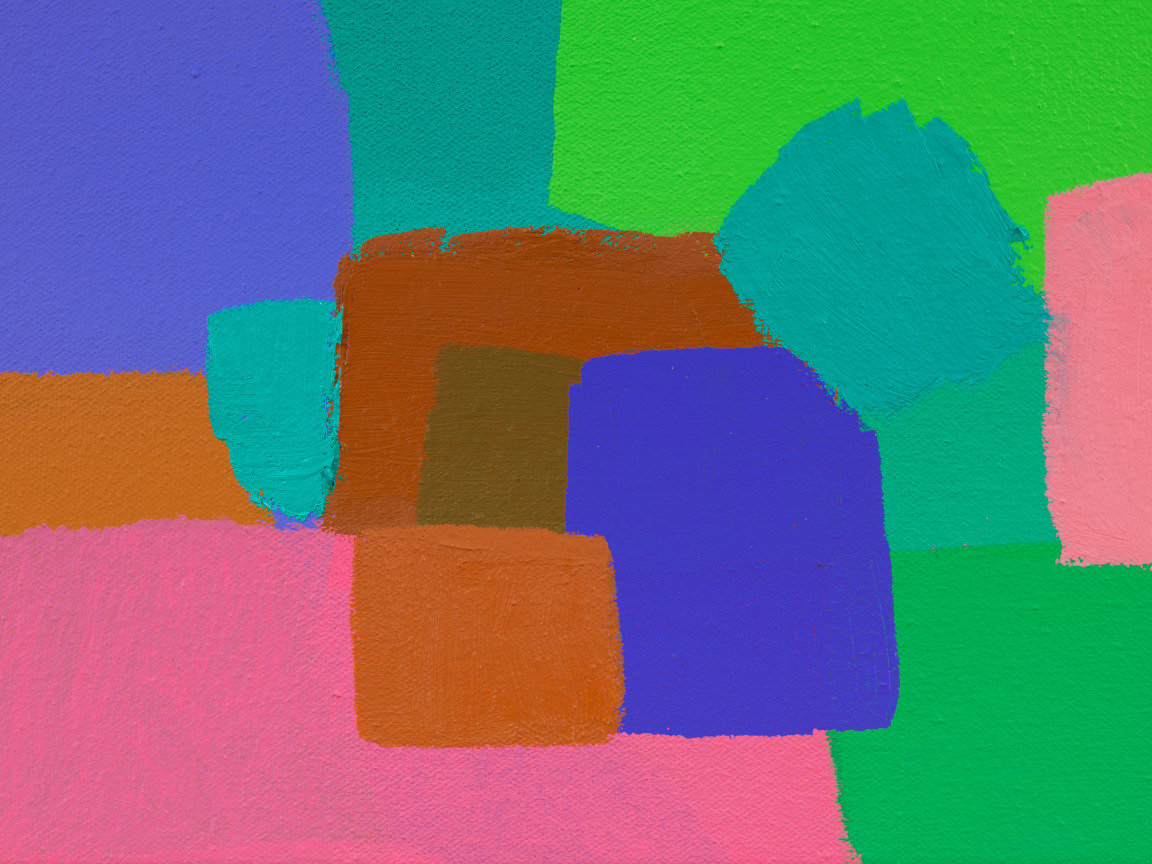 close up of Federico Herrero's &quot;Sin t&iacute;tulo&quot; focusing on smooth, painted shapesof varying colors