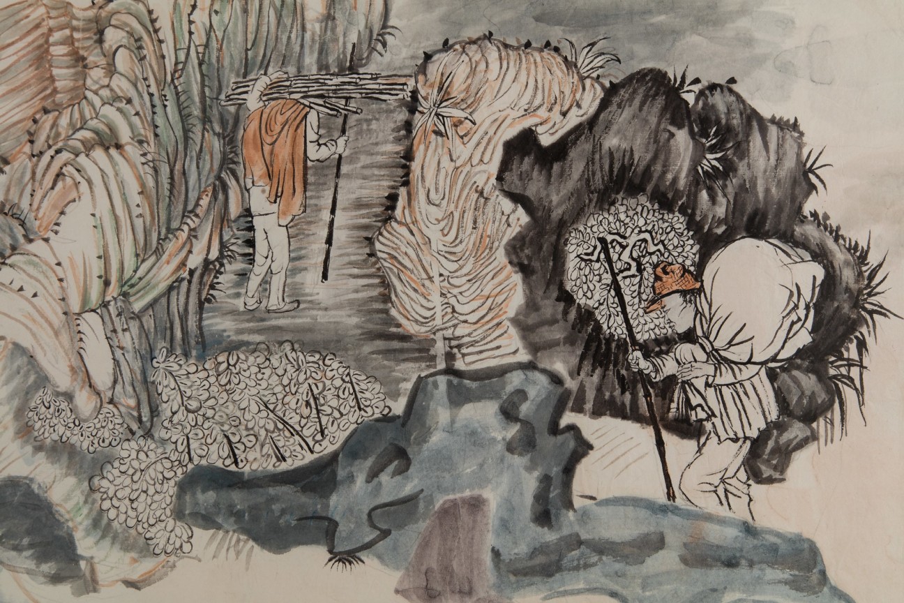 Two heavy-loaded men with walking sticks climb over mountain