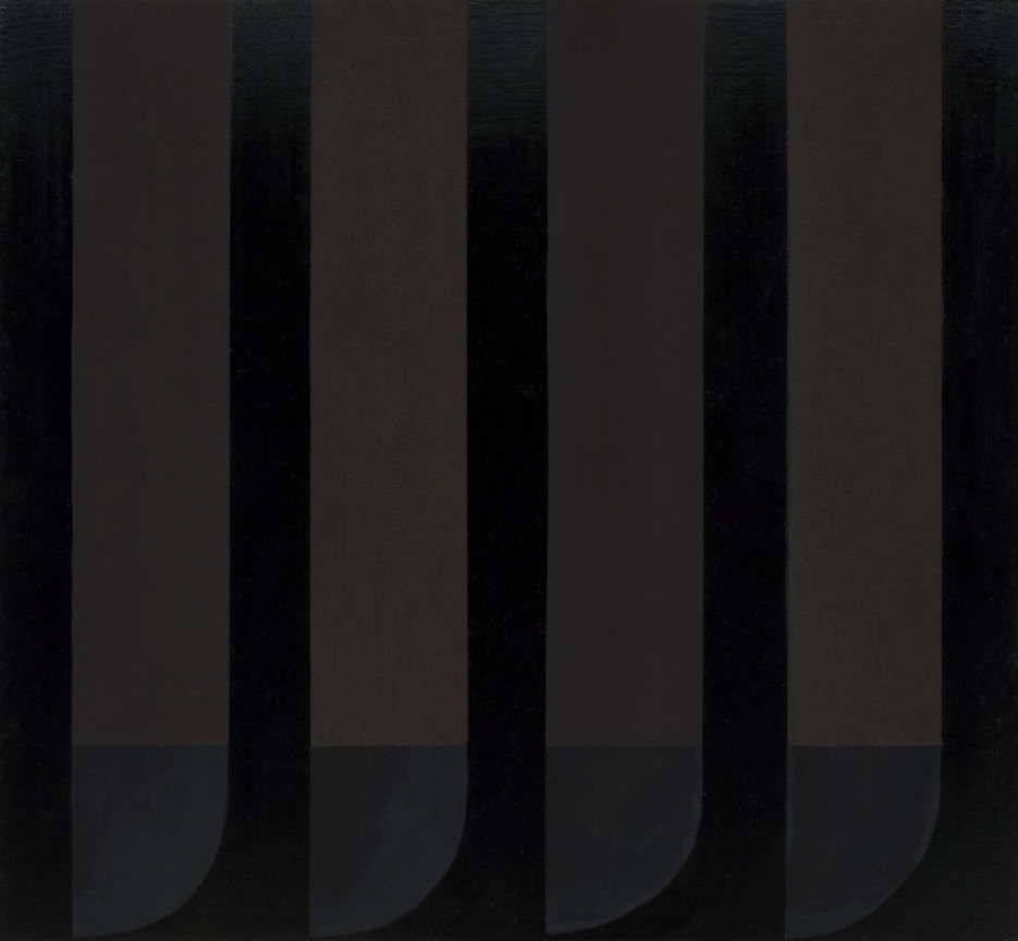 Abstract painting with five black vertical streaks evenly spread out on the panel