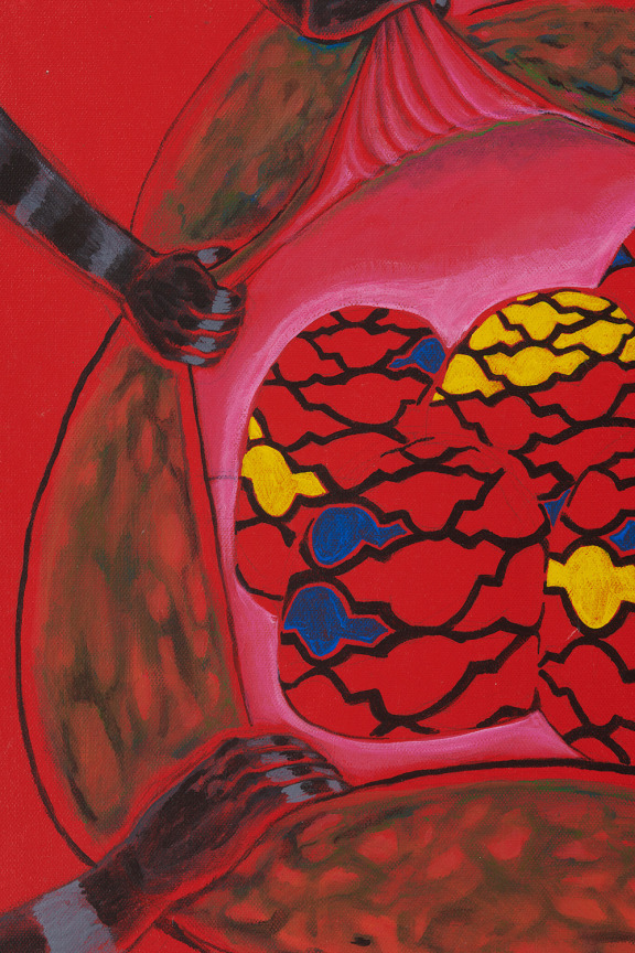 a pair of hands pullingopen a giant mouth, exposing the gums and multicolor teeth