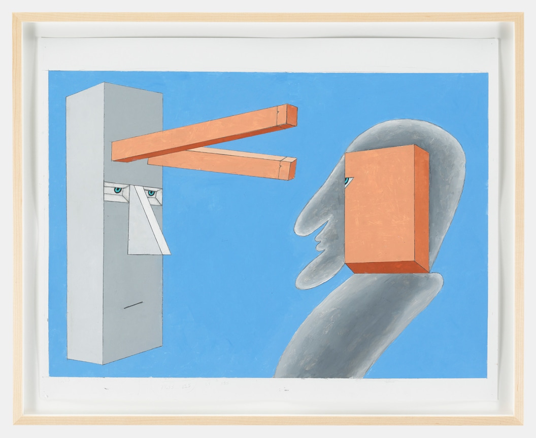 biomorphic and geomtric figures facing each other