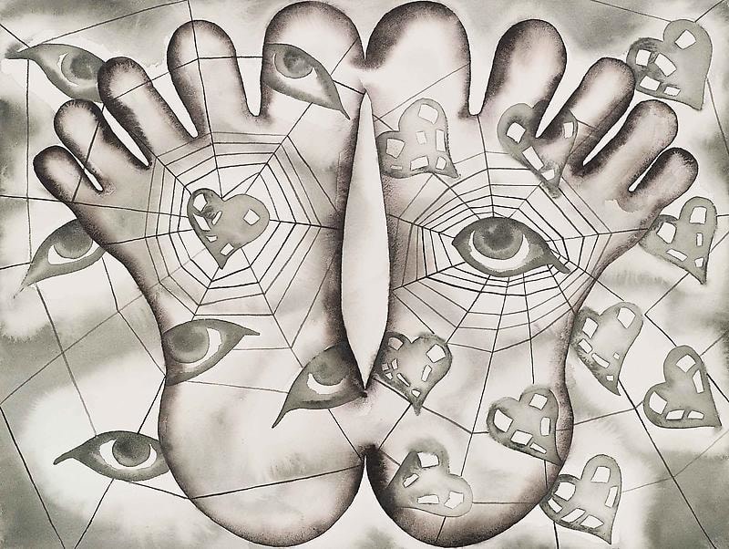 feet with spiderwebs, hearts, and eyes